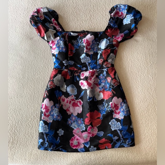 NWT Lulus So Stunning Jacquard Puff Sleeve Mini Dress S Black Multi Floral - Picture 7 of 16